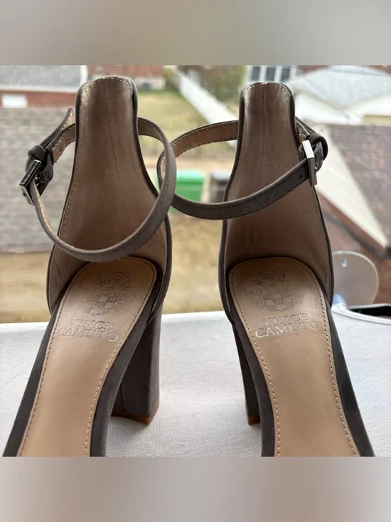 Vince Camuto Taupe Suede Ankle-Strap Block Heels - Picture 4 of 7